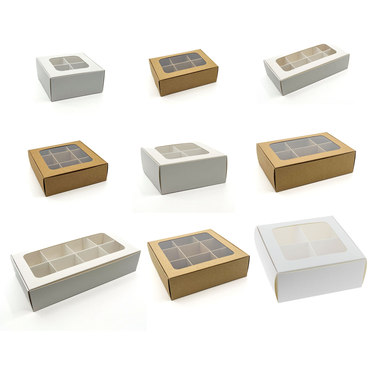 Sample pack - Treat Boxes with Window and Dividers | 11 different sizes | 4, 6, 8, 9 compartments in X-Small, Small, Medium, Large