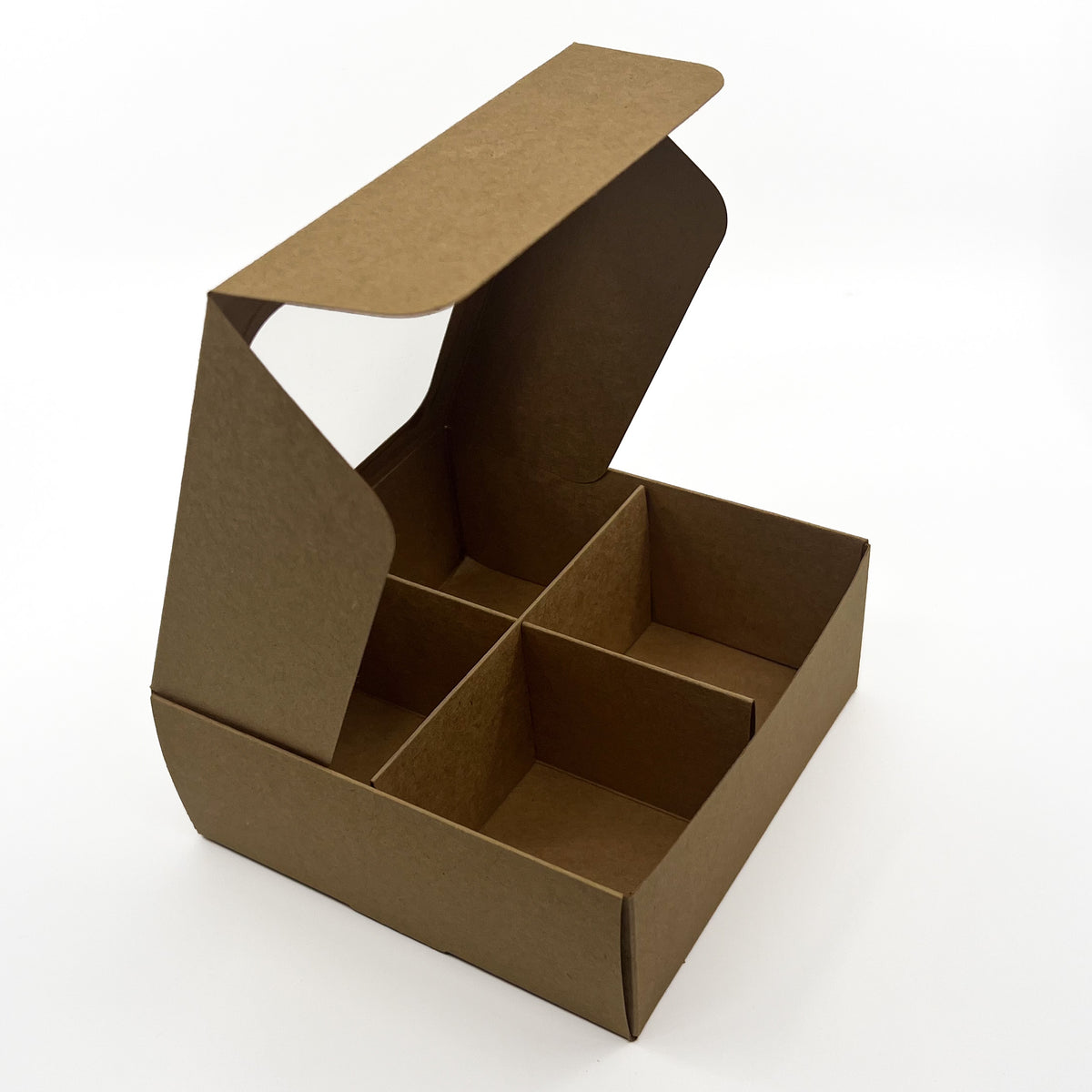 Cookie box with dividers and window (four compartments) in kraft paper, open box