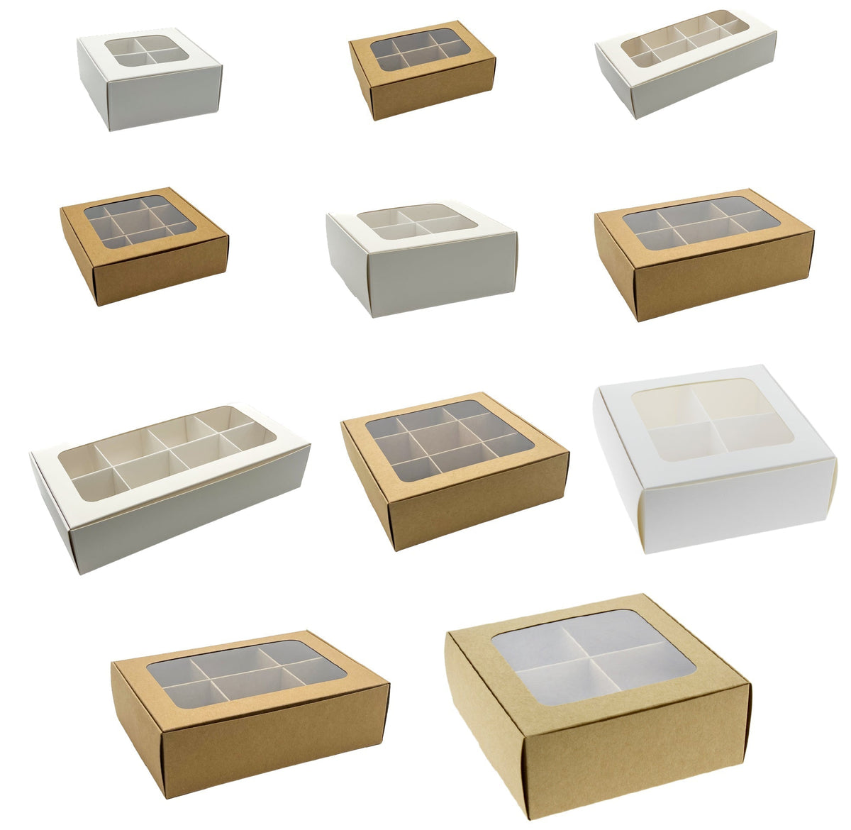 All eleven Gretel Baking treat box sizes, in kraft and white