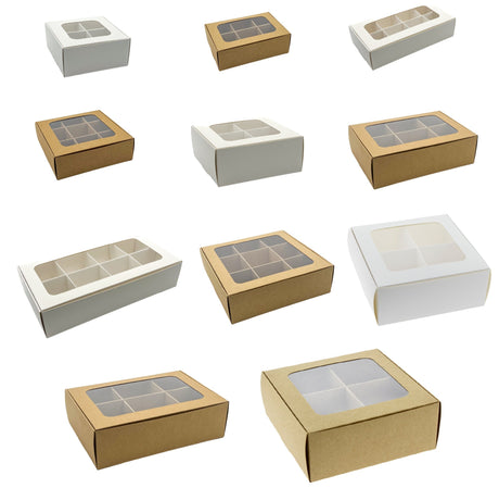 All eleven Gretel Baking treat box sizes, in kraft and white