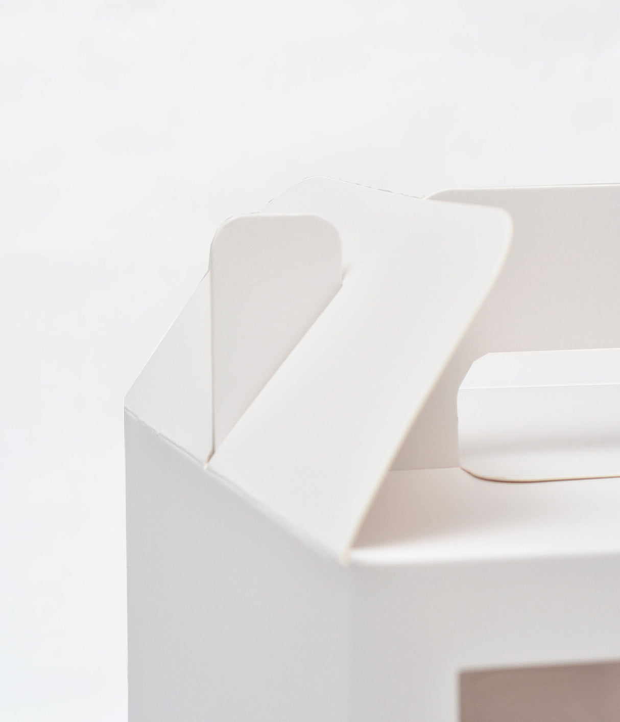 Closing mechanism of 8x8x8 white paper cake box with window and handle