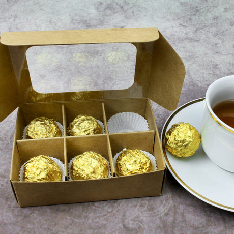 Mini treat box with window and dividers - open box with gold foil-wrapped truffles