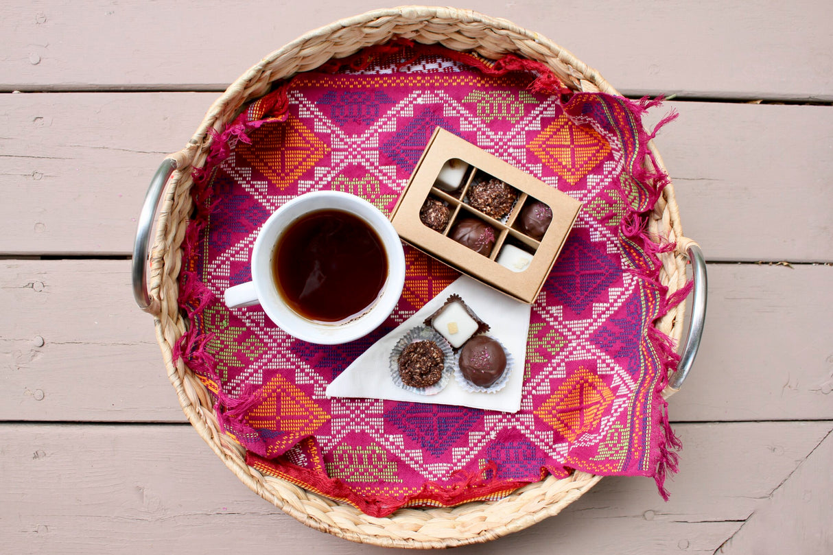 Mini truffle box with window and dividers (6 compartments) sitting on a tray with a cup of coffee