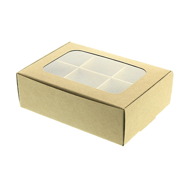 Mini treat box with dividers and window (six compartments) in kraft paper