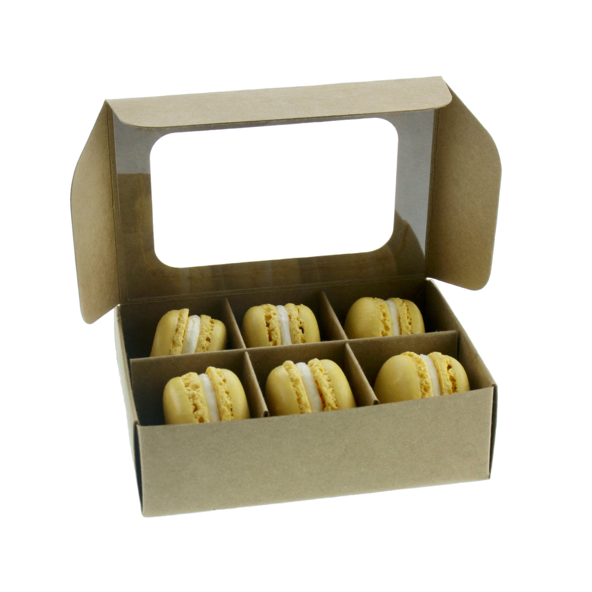 Mini treat box with window and dividers - open box with macarons