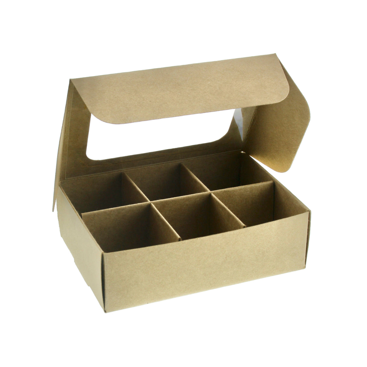 Mini treat box with dividers and window (six compartments) in kraft paper - open box