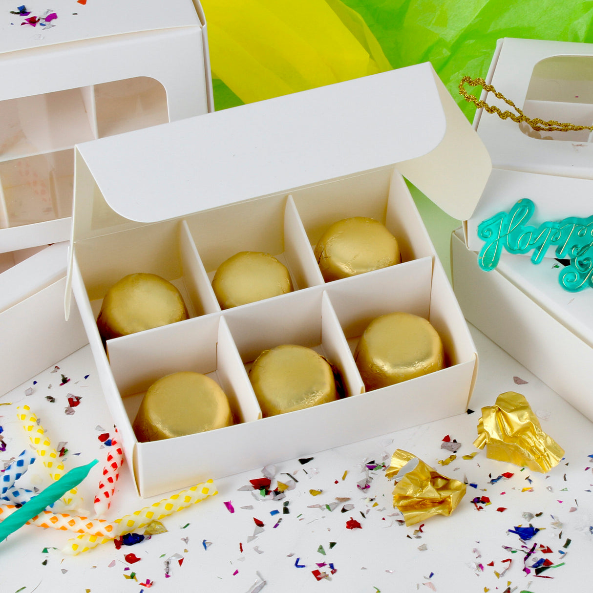 Mini treat box with window and dividers - open box with macarons