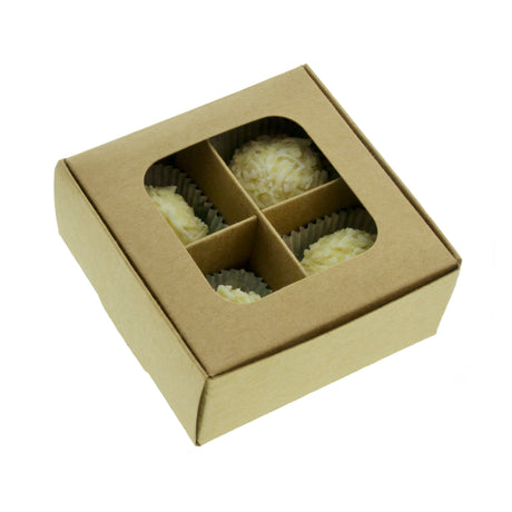 Mini treat box with dividers and window (four compartments) in kraft paper - closed with white truffles