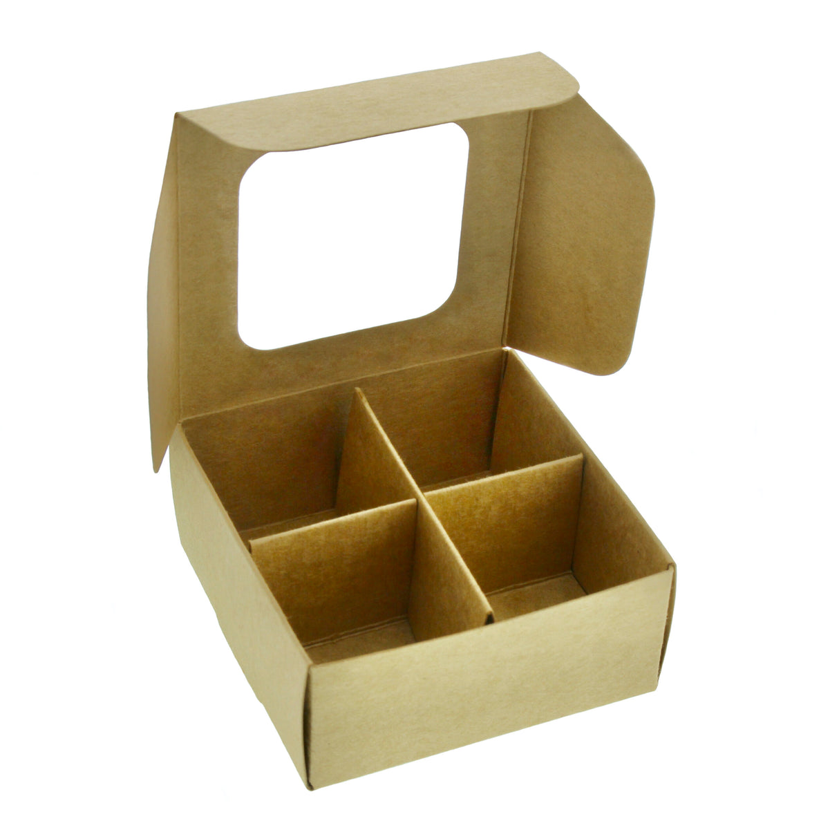 Mini treat box with dividers and window (four compartments) in kraft paper - open