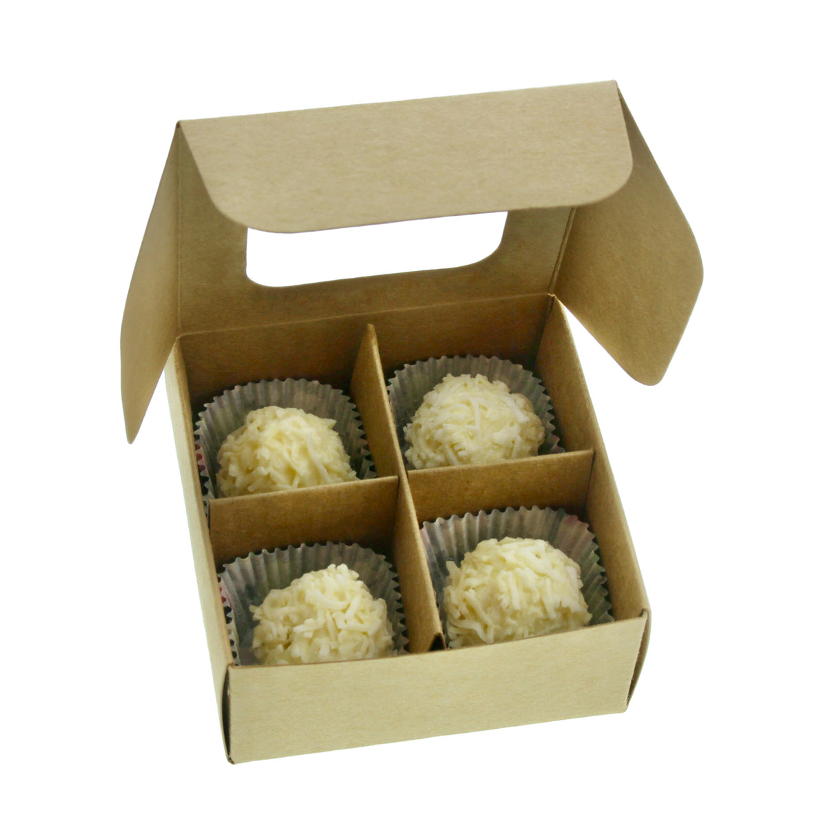 Mini treat box with dividers and window (four compartments) in kraft paper - open with white truffles