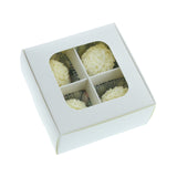 Mini treat box with dividers and window (four compartments) in white paper - closed with white truffles