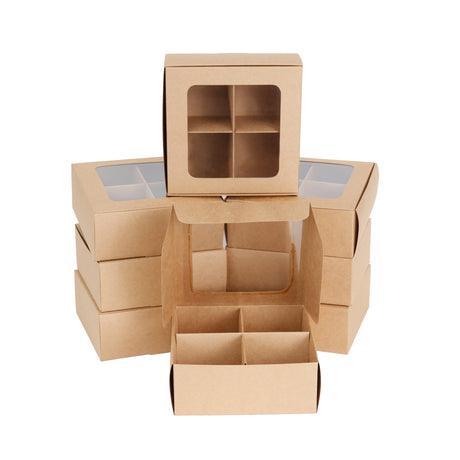 Stack of cookie boxes with dividers and window (four compartments) in kraft paper