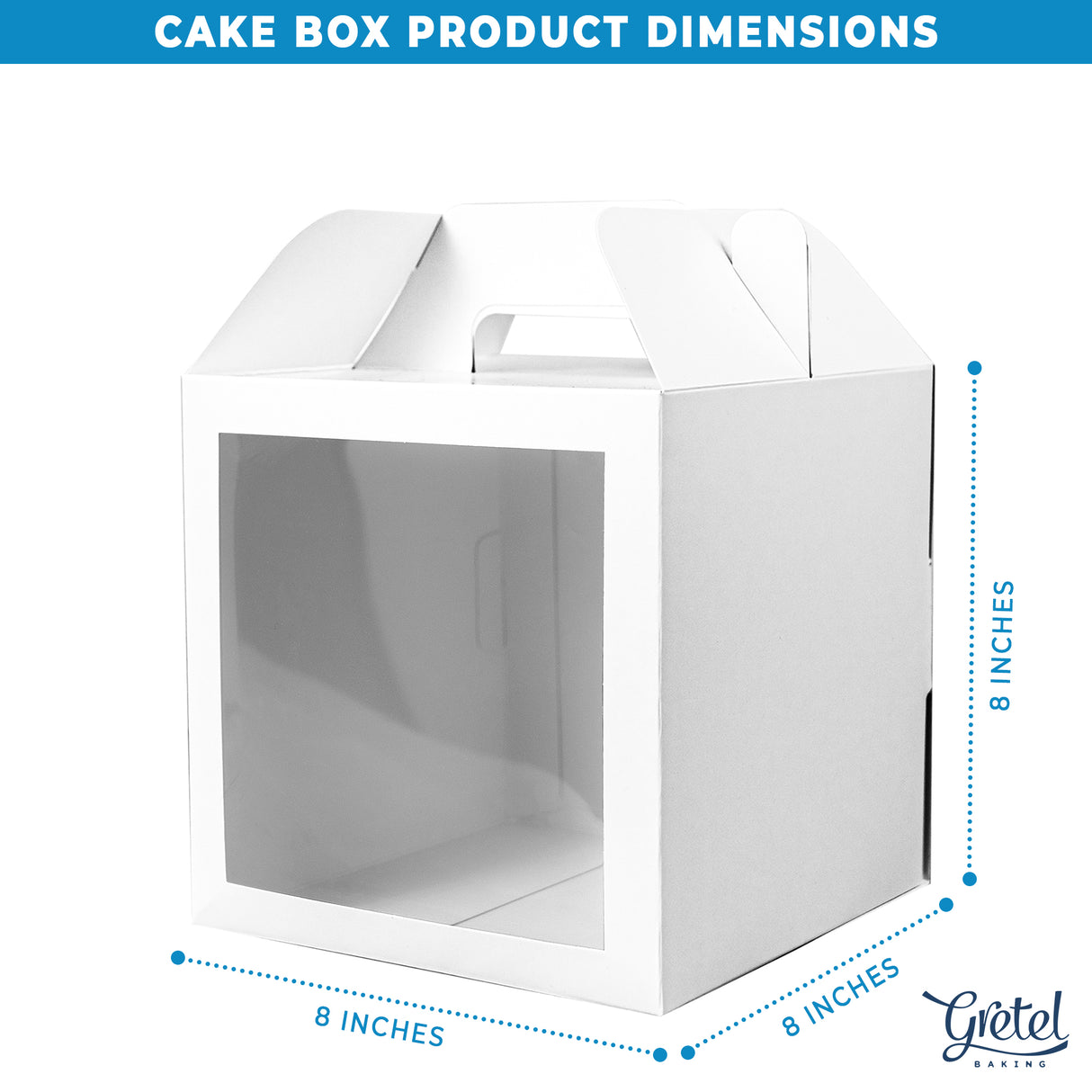 Dimensions of 8x8x8 white paper cake box with window and handle