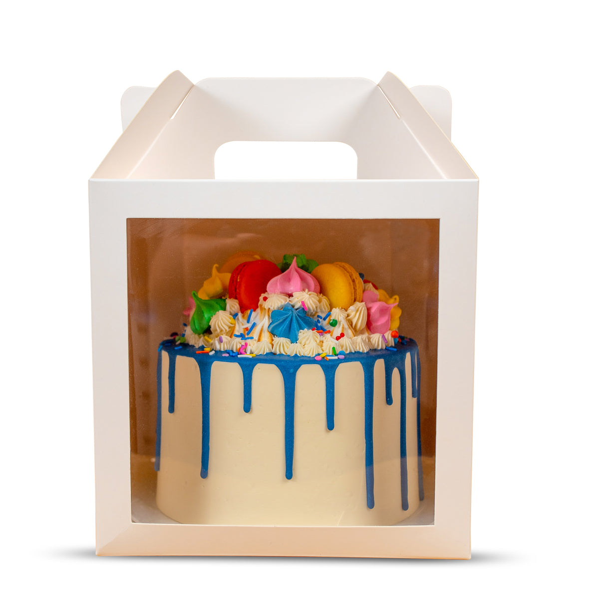 A cake in a 8x8x8 white paper cake box with window and handle