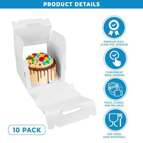 Product details of 10x10x8 white paper cake box with window and handle