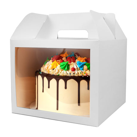 Cake in 10x10x8 white paper cake box with window and handle