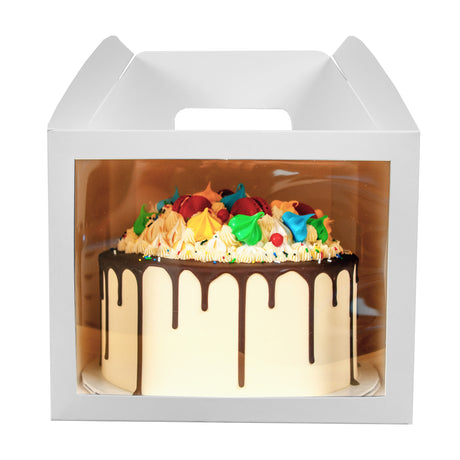 Cake in 10x10x8 white paper cake box with window and handle