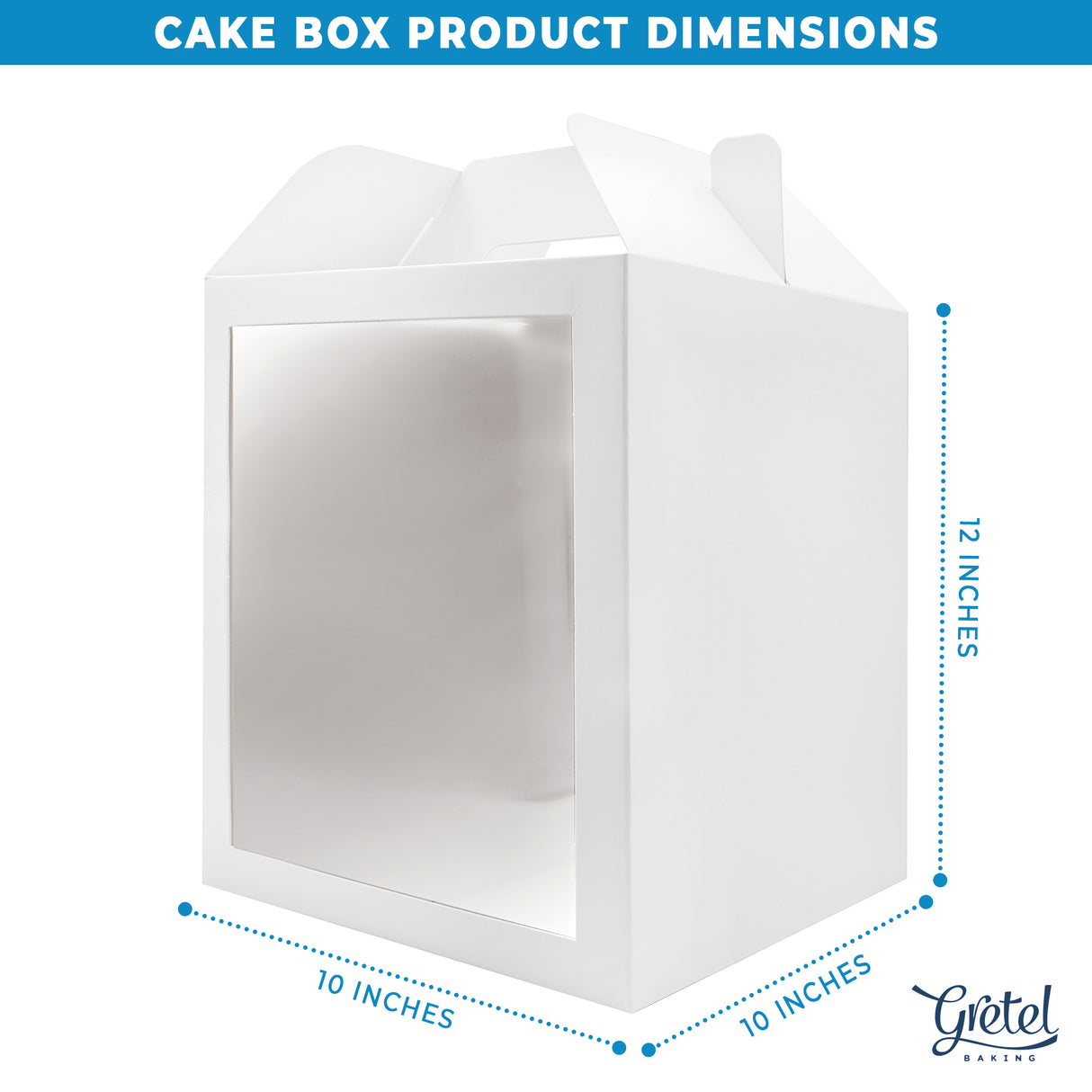 Dimensions of 10x10x12 white paper cake box with window and handle