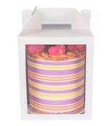 Tall cake in 10x10x12 white paper cake box with window and handle