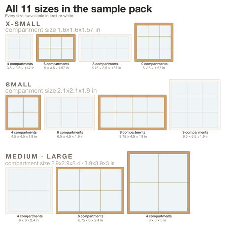 Size chart of all 11 treat box sizes shown to scale, with compartment counts, outer dimensions and inside compartment sizes
