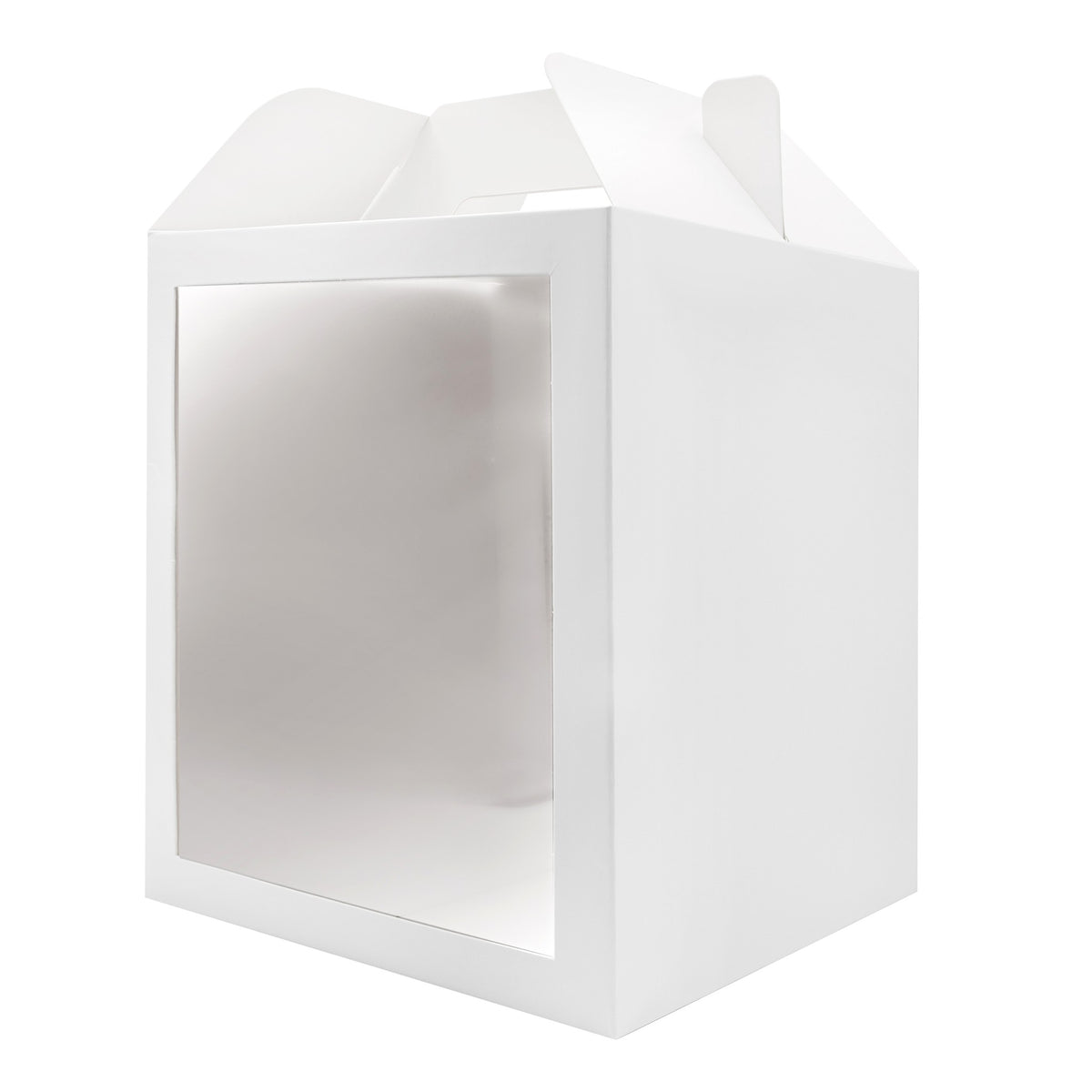 10x10x12 white paper cake box with window and handle, seen from an angle