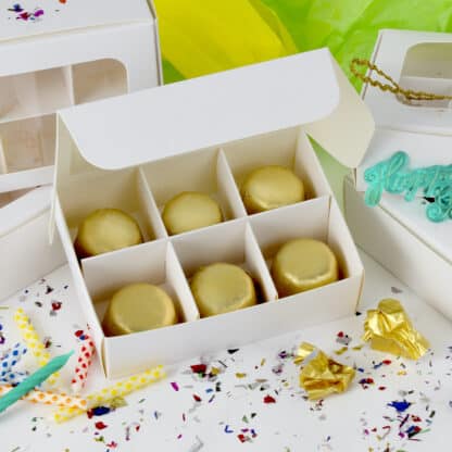 Mini treat box with window and dividers - open box with macarons