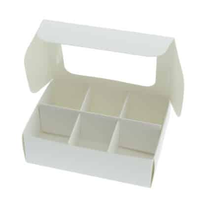 Mini treat box with dividers and window (six compartments) in white paper - open box