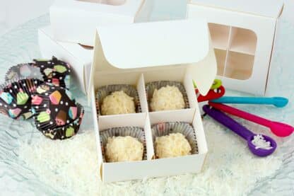 Mini treat box with dividers and window (four compartments) in white paper - open with white truffles