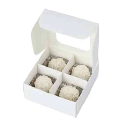 Mini treat box with dividers and window (four compartments) in kraft paper - open with white truffles