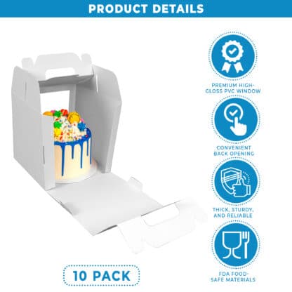 Product details of 8x8x8 white paper cake box with window and handle