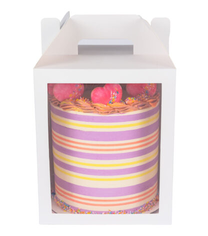 Tall cake in 10x10x12 white paper cake box with window and handle